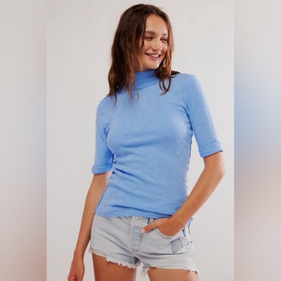 We The Free People For The Boys Turtleneck Ribbed Top Stretch Blue Size XL Boho - Picture 1 of 11